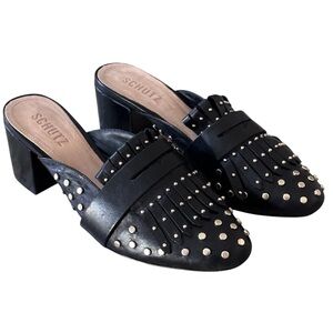 Schultz Pip Black Studded Leather Block Heel Mules Shoes Size 7